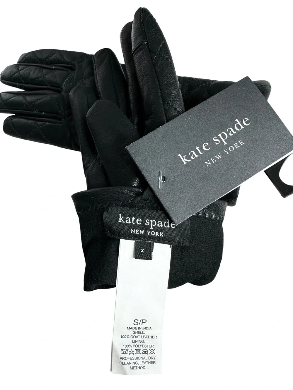 Kate Spade New York Quilted Leather Touchscreen Gloves Black Size S NWT